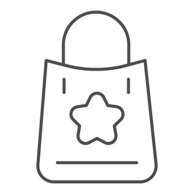 Üzerinde yıldız çizgisi simgesi olan bir alışveriş çantası. Beyaz üzerinde yıldız etiketi çizimi olan alışveriş paketi. Pazar çantası tasarımı, web ve uygulama için tasarlanmış. Eps 10.