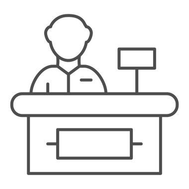 Kasiyer ince çizgi ikonu. Süpermarket kasiyer vektör çizimi beyaza izole edildi. Nakit tasarımı, web ve uygulama için tasarlanmış. Eps 10.