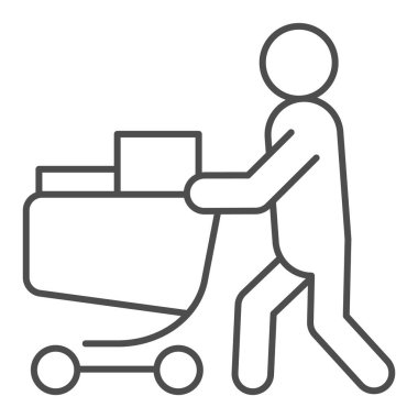 Tam el arabası ve ince çizgi ikonu olan bir alıcı. Tam bir market arabası çizimi olan kişi beyaza izole edilmiş. Alışveriş tasarımı, web ve uygulama için tasarlanmış. Eps 10.