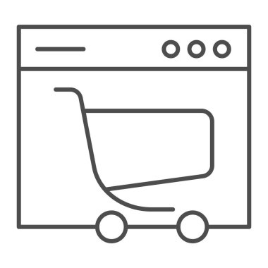 Web sitesi ve el arabası ince çizgi simgesi. Tarayıcı ve tramvay vektör çizimi beyaza izole edildi. İnternet ve uygulama için tasarlanmış çevrimiçi alışveriş tasarımı. Eps 10.