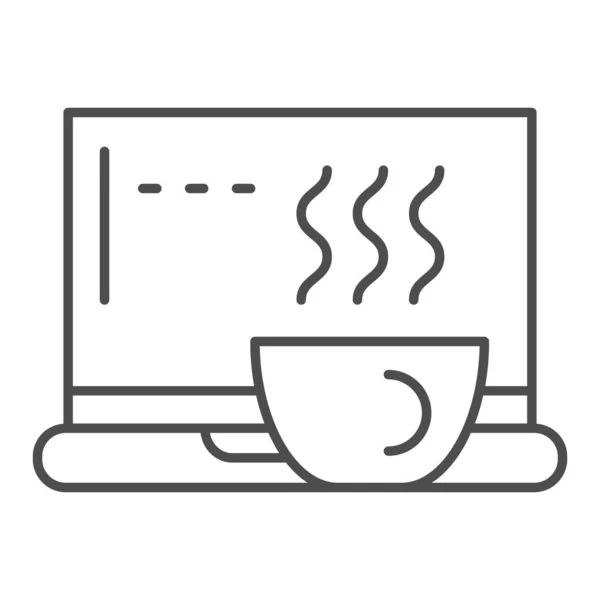 Laptop com copo ícone de linha fina. Notebook com uma ilustração vetorial caneca isolada em branco. Desenho de computador estilo esboço, projetado para web e app. Eps 10 . — Vetor de Stock