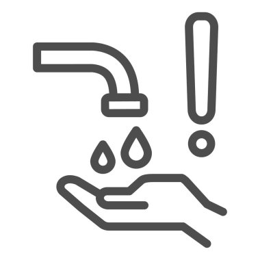 Musluk hattı simgesi altında ellerini yıka, kişisel hijyen kavramı, beyaz arka planda ünlem işareti ile ellerini temiz tut, temiz eller ve covid-19 simgesini taslak tarzında engelle. Vektör grafikleri.