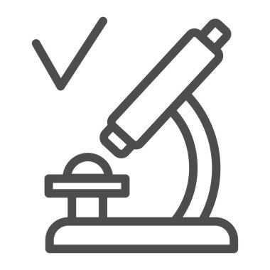 Kontrol çizgisi simgesi olan mikroskop, koronavirüs aşısı test konsepti, beyaz arka planda mikroskop işaretinde onaylanmış analiz, ana hatlarda laboratuvar test süreci simgesi. Vektör grafiği.