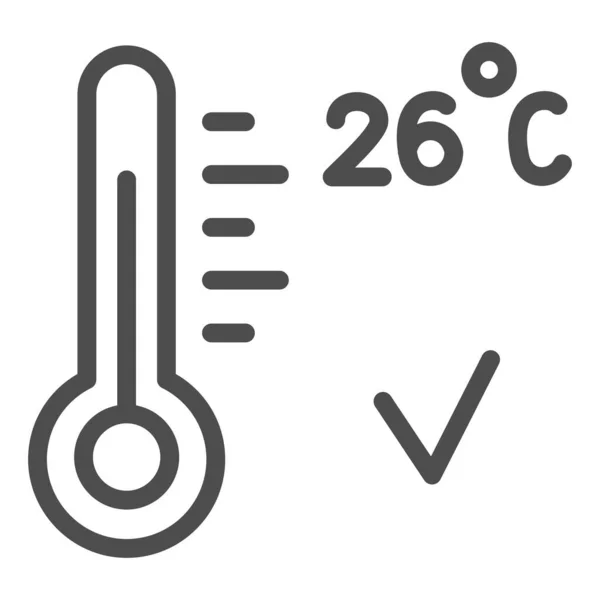 Udržujte zdravou teplotu vzduchu doma v koronavirové pandemické čáře ikona, kovid-19 koncept, teploměr s 26 stupňovou značkou na bílém pozadí, skleněná žárovka s ikonou rtuti v obrysovém stylu. — Stockový vektor