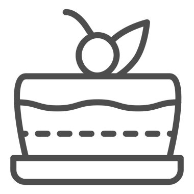 Pasta çizgisi ikonu, fırın konsepti, beyaz arka planda doğum günü pastası tabelası, mobil konsept ve web tasarımı için ana hatlı kiraz ikonlu pasta. Vektör grafikleri.