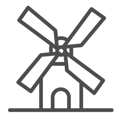 Değirmen hattı ikonu, fırın konsepti, arka planda yel değirmeni tabelası, mobil konsept ve web tasarımı için ana hatlı buğday fabrikası ikonu. Vektör grafikleri.