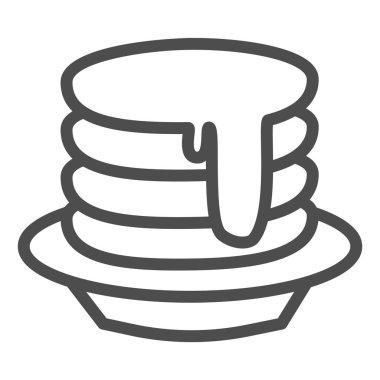 Tabak çizgisinde şerbet ve tereyağlı kahvaltı krepleri, fırın konsepti, beyaz arka planda Amerikan kahvaltı tabelası, mobil ve web için ana hatlı krep ikonu. Vektör grafikleri.