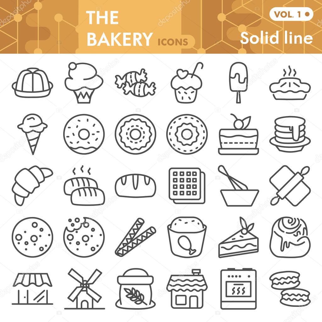 Bakery line icon set, pastry symbols collection or sketches. Dessert signs for web, linear style pictogram package isolated on white background. Vector graphics.