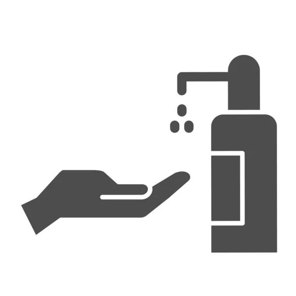 Human hand and antibacterial spray solid icon, covid-19 prevention concept, Wash hands with sanitizer soap sign on white background, Antiseptic for hands icon glyph style. Vector graphics. — Stock Vector