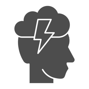 Yıldırımlı ve bulutlu bir kafa, beyin fırtınası konsepti, beyaz arka planda yaratıcı düşünce işareti, cep telefonu için simge şeklinde ışıldayan insan beyni. Vektör grafikleri.