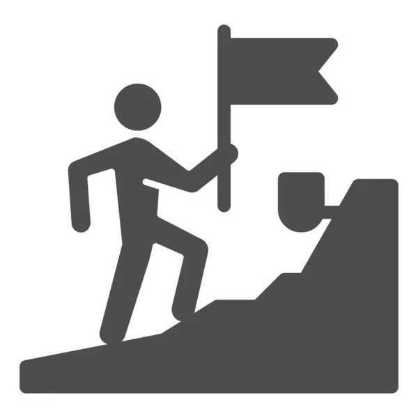 Mann mit Fahne klettert oben auf Berg solide Ikone, Geschäftskonzept, erhalten auf Gipfel der Karriere Vektor Zeichen auf weißem Hintergrund, Treppe und Führer mit Fahne Symbol in Glyphen-Stil. Vektor. — Stockvektor