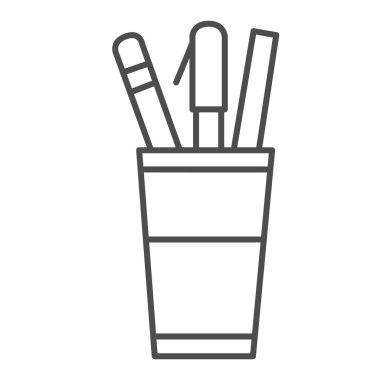 Kırtasiye işi ince çizgi simgesi, ofis malzemeleri sembolü, beyaz arka planda kırtasiye malzemeleri için Holder, cep telefonu ve web tasarımı için tasarım tarzında okul malzemeleri sembollü kalem kutusu..