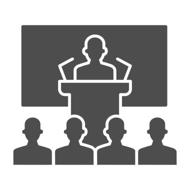 Büyük oditoryum simgesi, sunum konsepti, beyaz arkaplan konferans tabelasında konuşmacı, glifli eğitim ikonu üzerinde iş adamı. Vektör grafikleri.