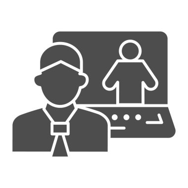 Erkek ve dizüstü bilgisayar, sağlam ikon, iş konuşması konsepti, beyaz arka planda online danışma vektör işareti, özel simge ile glifli video iletişimi. Vektör grafikleri.