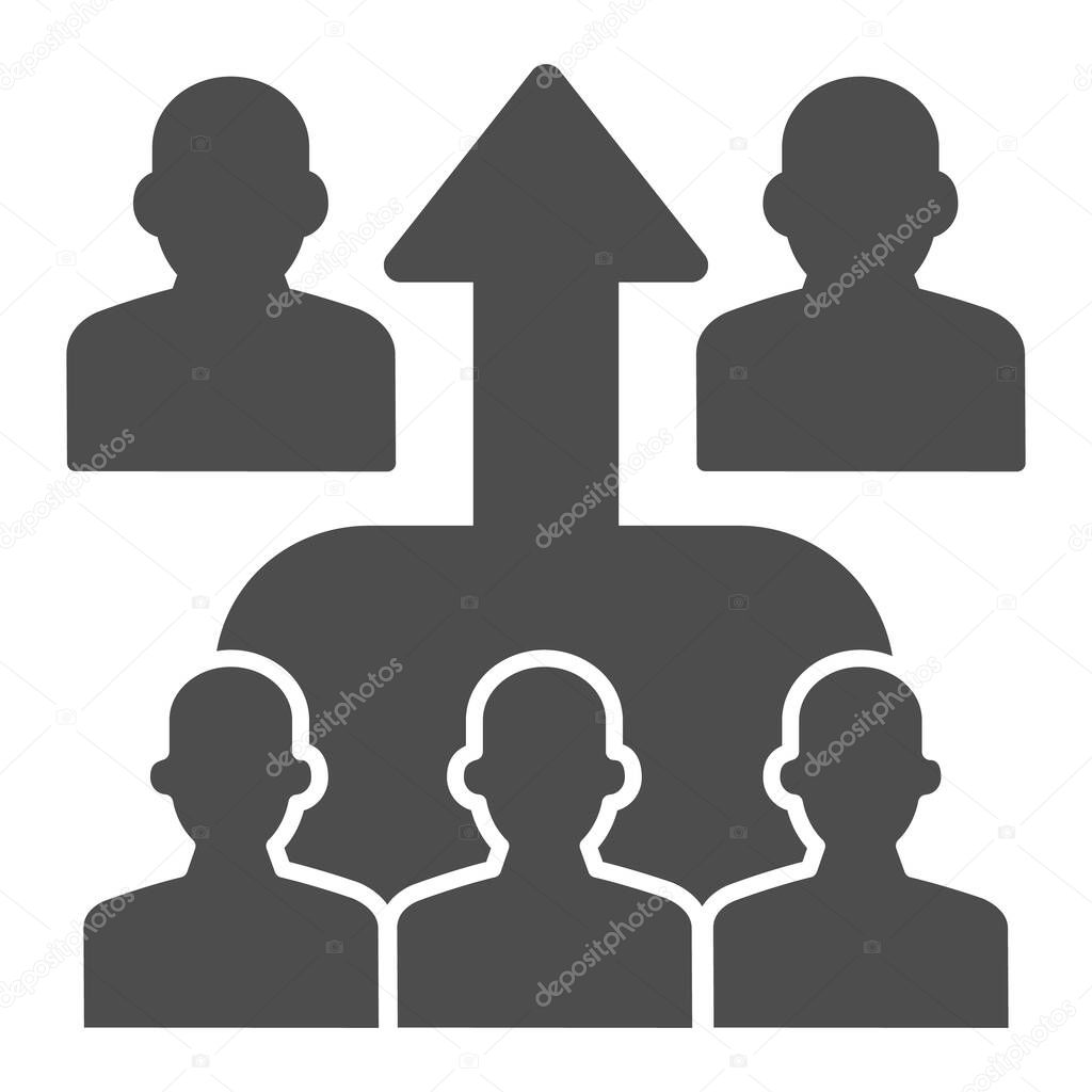 Human group and upward arrow solid icon, business concurrency concept, strong team mates sign on white background, people competition icon in glyph style for mobile, web. Vector graphics.