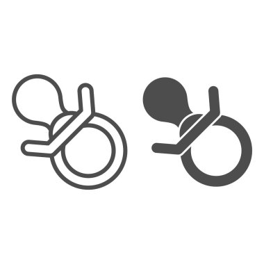 Bebek emziği çizgisi ve sağlam ikon, önce çocuklar oyuncak konsepti, beyaz arka planda bebek oyuncağı işareti, mobil konsept ve web tasarımı için ana hatlı çocuk meme ucu ikonu. Vektör grafikleri.