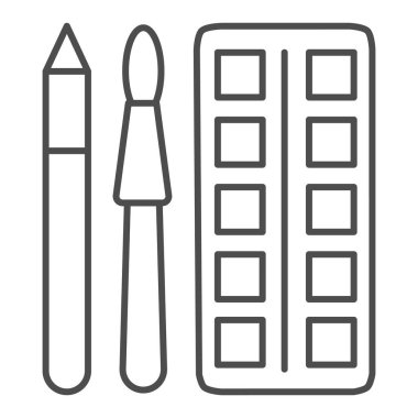 Fırça ve kalem ince çizgi ikonu ile suluboya boyalar, kırtasiye konsepti, beyaz arka planda boya ve boya fırçaları sembolü mobil ve web. Vektör grafikleri.