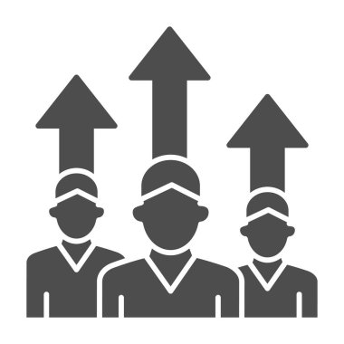 Üç kişi ve yukarı bakan oklar sağlam ikon, iş konsepti, çalışanların hırsları ve beyaz arka planda motivasyon işareti, hareketli takım ikonu glyph tarzı mobil ve web. Vektör grafikleri.