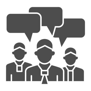 Sohbet baloncukları olan iş ekibi sağlam ikon, iş fikirleri kavramı, beyaz arka planda diyalog tabelasıyla ofis personeli toplantısı, cep telefonu için insan beyin fırtınası ikonu. Vektör grafikleri.