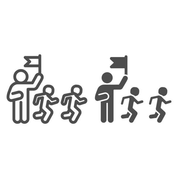 Trainer en kinderen lijn en solide pictogram, kinderen lichamelijke opvoeding concept, coach training hardloopkinderen tekenen op witte achtergrond, Leraar met vlag en team pictogram in omtrek stijl. vectorgrafieken. — Stockvector