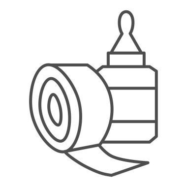 Yapışkan bant ve yapıştırıcı şişesi ince çizgi simgesi, kırtasiye malzemesi konsepti, beyaz arka planda araç tabelası, selobant ve mobil ve web için ana hatları şekillendirilmiş yapıştırıcı sembolü. Vektör grafikleri.