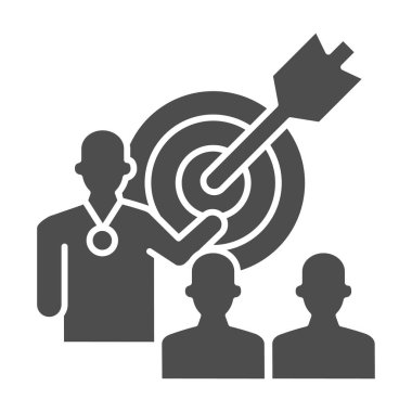 Ok ve öğretim üyesi katı ikon, sunum konsepti olan hedef, Lider beyaz arkaplanda iş amaçlı hedef tabelasını sunuyor, Hoparlör glifte hedef görev simgesini başarıyla tamamlıyor. Vektör grafikleri.