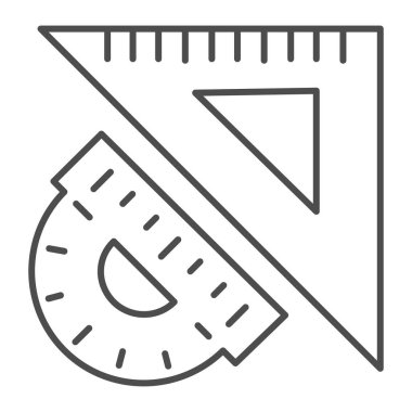 Üçgen cetvel ve açısal ince çizgi ikonu, kırtasiye konsepti, beyaz arkaplan üzerinde ölçüm ve çizim araçları işareti, dış hat şeklinde açıölçer sembollü okul üçgeni cetvel. Vektör.