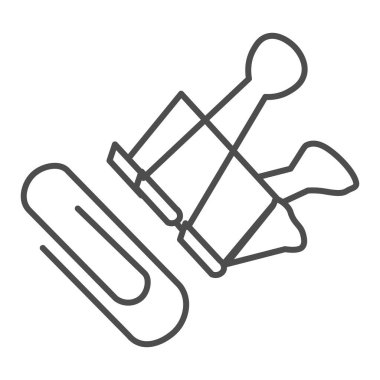 Kağıt ataç ve klasör ince çizgi simgesi, kırtasiye konsepti, ofis eklentisi beyaz zemin üzerinde işaret, mobil ve web için taslak biçimli metal klemp ve ataç sembolü. Vektör grafikleri.