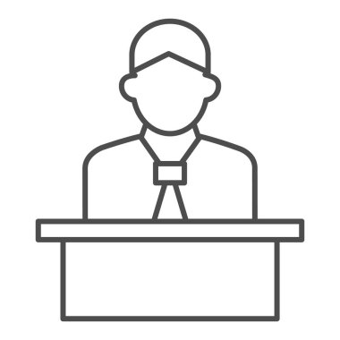 Kürsüde ince çizgi ikonu, iş sunumu konsepti, üniformalı konuşmacı beyaz arka planda rapor imzası atıyor, stand ikonu arkasında ana hatlarıyla konuşan sözcü. Vektör grafikleri.