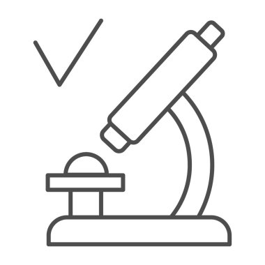 Kontrol işaretli ince çizgi ikonu, koronavirüs aşısı test konsepti beyaz arka plan mikroskop işaretinde onaylanmış analiz, laboratuvar test süreci ikonu ana hatlarıyla. Vektör grafiği.