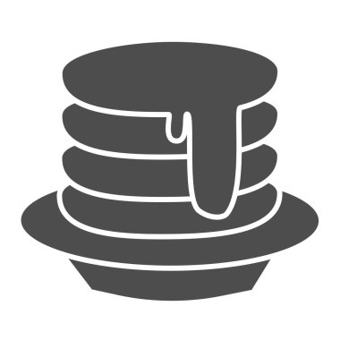 Somut bir tabakta şerbet ve tereyağlı kahvaltı krepleri, fırın konsepti, beyaz arka planda Amerikan kahvaltı tabelası, mobil ve web için glifli krep ikonu. Vektör grafikleri.