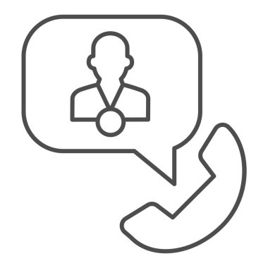 Konuşma baloncuklu telefon ve danışman ince çizgi ikonu, iş danışmanlığı konsepti, beyaz arka planda müdürle telefon görüşmesi, telefon destek ikonu taslağı. Vektör grafikleri.