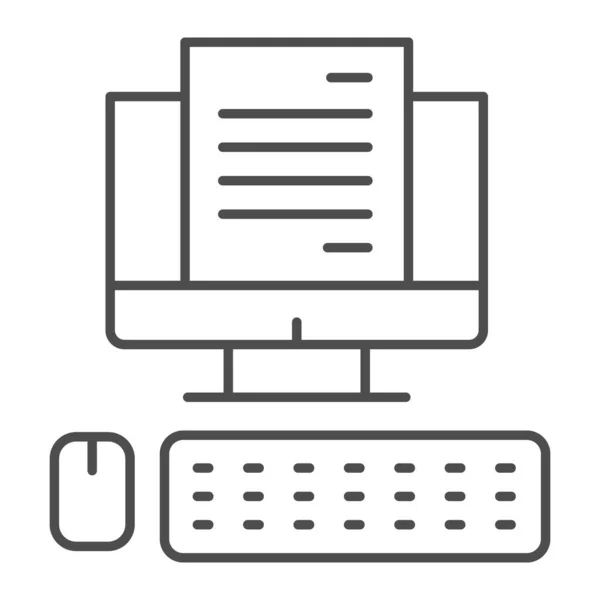 Computermonitor mit Dokument-Thin-Line-Symbol, Geschäftskonzept, Office-Dokumentation auf Bildschirm-Vektor-Zeichen auf weißem Hintergrund, Arbeitsbereich mit Computer, Tastatur und Maus-Symbol im Outline-Stil. — Stockvektor