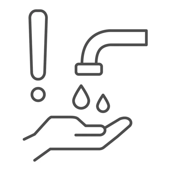 Lavarsi le mani sotto l'icona della linea sottile del rubinetto, concetto di igiene personale, tenere le mani pulite con il segno esclamativo su sfondo bianco, pulire le mani e prevenire l'icona covid-19 in stile contorno. Grafica vettoriale . — Vettoriale Stock