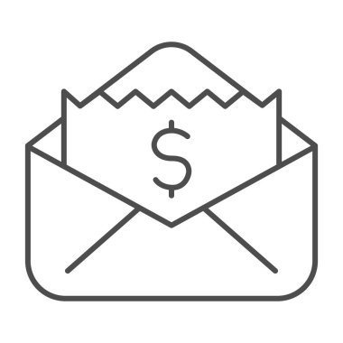 Dolar banknotları, ince çizgi ikonu, iş konsepti, beyaz arka planda finansal ödeme tabelası olan mektup, cep telefonu için taslak şeklinde açık zarf ikonu olan para faturaları. Vektör grafikleri.