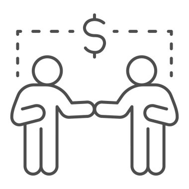 İki işadamı ve dolar işareti, ince çizgi simgesi, iletişim konsepti, beyaz arka planda iş adamları el sıkışma işareti, mobil ve web için ana hatlarda başarılı ortaklık simgesi. Vektör.