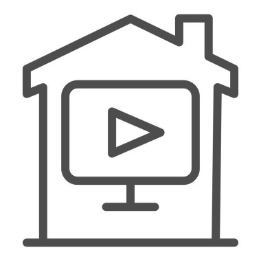 Ev satırı simgesi, akıllı ev konsepti, beyaz arka planda ev ve video vektör işareti, ev ve medya çalma düğmesi olan çokluortam oynatıcısı, mobil ve web için taslak biçimli. Vektör grafikleri.