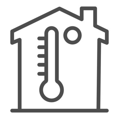 Bina ve termometre çizgisi simgesi, akıllı ev sembolü, beyaz arka planda ev iklimi vektör işareti, oda sıcaklığı ikonu ana hatlı mobil konsept, web tasarımı. Vektör grafikleri.