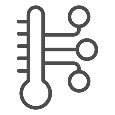 Bağlantı çizgisi simgesine sahip termometre, akıllı ev sembolü, beyaz arkaplanda uzaktan ısıtma vektör işareti, çevrimiçi sıcaklık düzenleme ikonu ana hatlarını oluşturma biçimi. Vektör grafikleri.