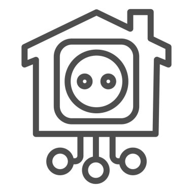 Akıllı ev hattı simgesinde elektrik prizi, akıllı ev konsepti, beyaz arka planda teknoloji işareti, akıllı fiş ve mobil ve web için taslak biçimli bağlantı ikonu olan bina. Vektör.