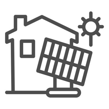 Güneş pili ve yapı çizgisi simgesi, akıllı ev konsepti, güneş panelleri ve beyaz arka planda ev vektör işaretinde temiz enerji, mobil için taslak biçiminde simge oluşturmak için yeşil enerji.