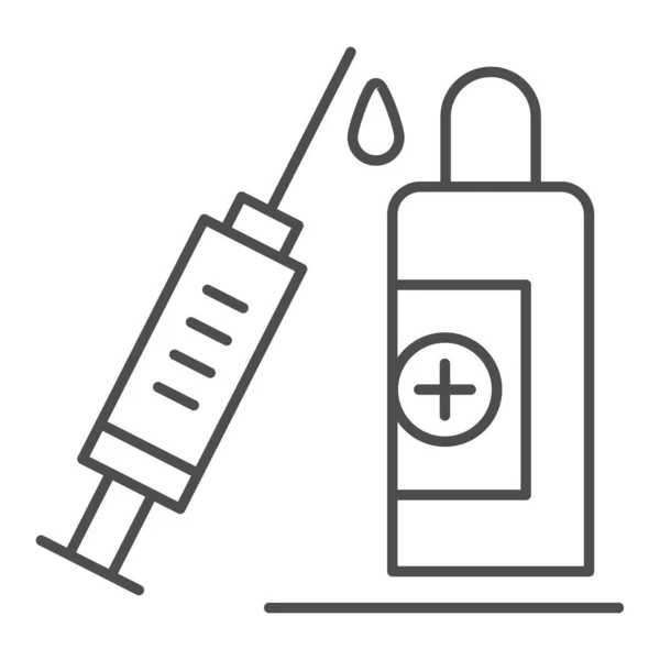 注射器和瓶装疫苗细线图标、 covid-19疫苗接种概念、白色背景的医疗注射标识、手机药瓶和注射器图标轮廓。矢量图形. — 图库矢量图片
