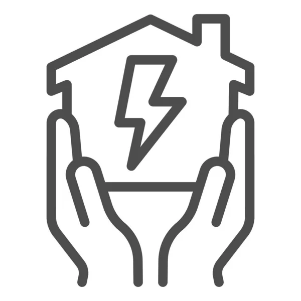 Huis in handen met elektriciteit bliksemafleider icoon, smart house concept, home energy vector teken op witte achtergrond, voeding thuis icoon in outline stijl voor mobiel. Vectorgrafiek. — Stockvector