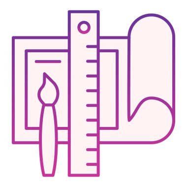 Kural ve boyalı düz fırça ikonu olan proje. Proje tasarımı mor simgeler modada düz biçimde. Çizim araçları gradyan stil tasarımı içeren kağıt tabaka, web ve uygulama için tasarlanmıştır. Eps 10.