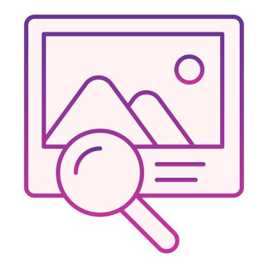 Düz resim arama simgesi. Resim ve lens menekşe simgeleri düz moda. Web ve uygulama için tasarlanmış büyütücü ve görüntü gradyan stil tasarımı. Eps 10.