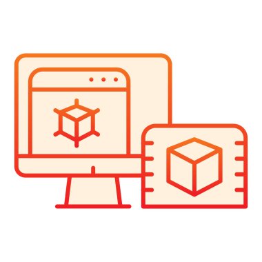 Bilgisayar yassı simgesinde 3D tasarım. 3D projeli PC monitörü. Düz moda turuncu simgeler. Web ve uygulama için tasarlanmış üç boyutlu gradyan dizayn. Eps 10.
