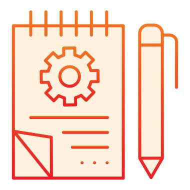 Düz vites ikonlu çizim kitabı. Kalem turuncu simgeli defter, düz moda. Web ve uygulama için dizayn edilmiş, gradyan biçim tasarımlı bir not defteri. Eps 10.