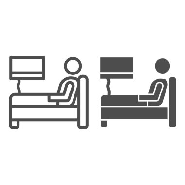 Grip çizgisi ve katı ikon ile yatakta kal, covid-19 konseptinde evde tedavi, beyaz arka planda yatak tabelasında yatan hasta adam, yatak istirahati ve cep telefonu için taslak şeklinde ikon. Vektör grafikleri.