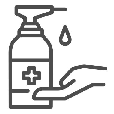 İnsan eli ve antiseptik çizgi ikonu, koronavirüs önleme konsepti, beyaz arka planda dezenfektan işareti olan ellerini yıka, mobil için taslak biçimli antibakteriyel jel ikonu. Vektör grafikleri.