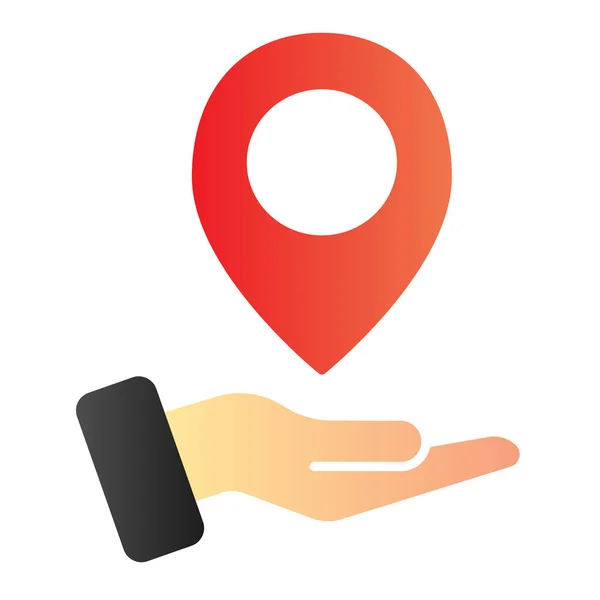 Mano sosteniendo mapa pin icono plano. Puntero de mapa en iconos de color de brazo en estilo plano de moda. Diseño de estilo de gradiente de dirección, diseñado para web y aplicación. Eps 10 . — Vector de stock